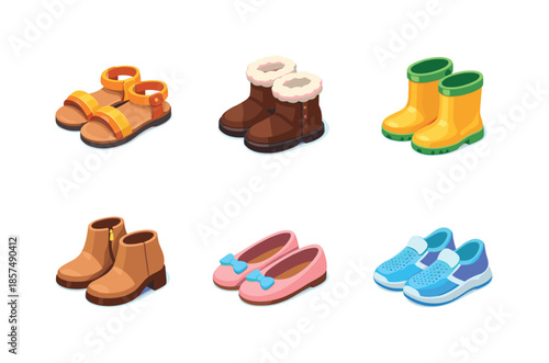 Seasonal Footwear Icons. Seasonal Footwear. Isometric flat vector icons set of Seasonal Footwear: summer sandals, winter boots, rain boots, autumn ankle boots,