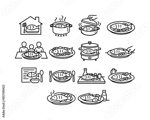 Steamed Fish Icons. Home Cooking Steamed Fish. Line icon set of Home Cooking Steamed Fish: home kitchen fish, pot steaming fish, lid lifting steam, simple