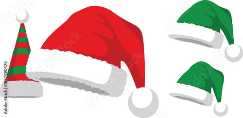 Christmas and Elf Hats Vector Set. Red Santa Hat and Green Striped Elf Hats isolated on white.