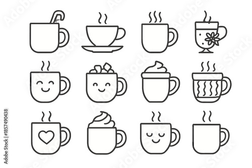 Winter Drink Icons. Winter beverages. Line outline icon set of winter beverages: cocoa mug, tea cup, coffee