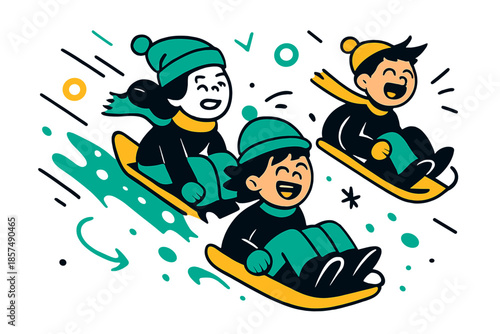 Colorful Sledding Fun. Sledding down a hill. Children laughing and sliding on colorful sleds, snow flying