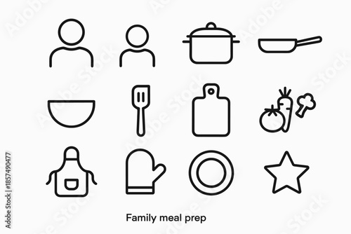 Family Meal Prep Icons. Family meal prep. Line outline icon set of Family meal prep: adult, child, pot, pan,