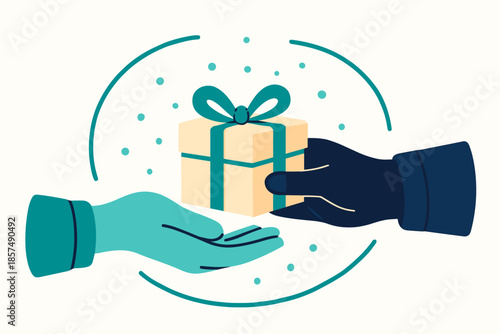 Festive Gift Exchange. Handmade gift giving scene. A small gift passes from one hand to another; spark dots