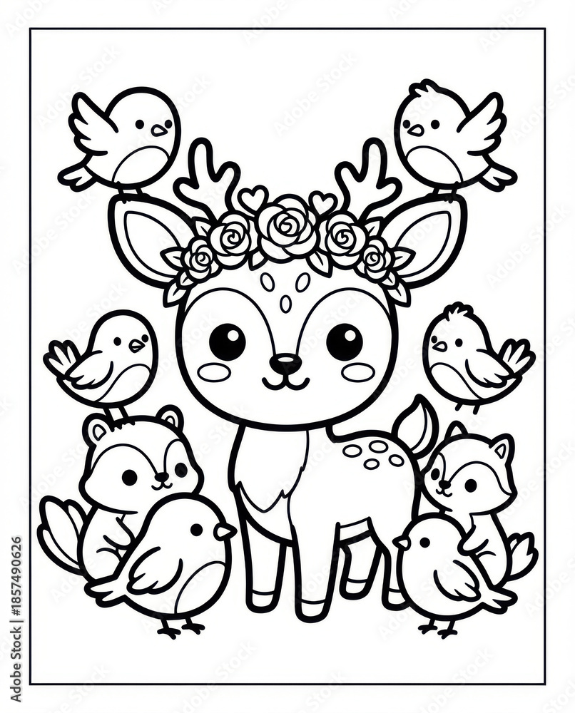Obraz premium Cute Chibi Deer Surrounded by Adorable Birds