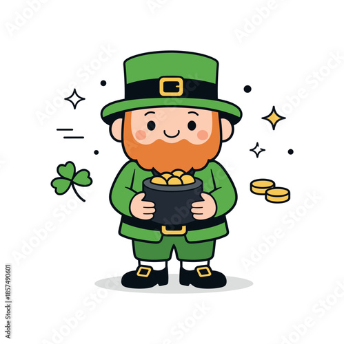 Friendly Leprechaun Illustration. St Patrick?s Day leprechaun. A simple, friendly leprechaun character standing calmly, holding a shamrock or small pot of