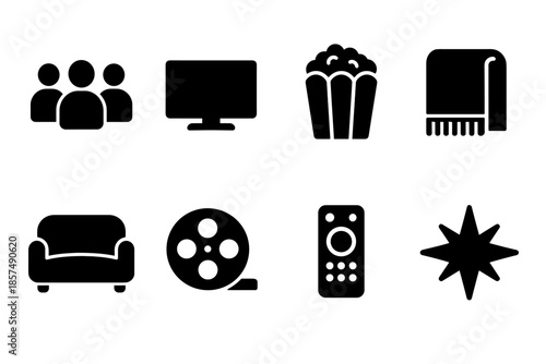Movie Night Icons. Movie night together. Filled icon set of Movie night together: family silhouettes, TV,