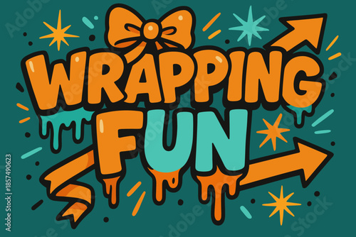 Festive Graffiti Art. Wrapping Fun ? Graffiti Simplified: chunky tilted bubble letters with ribbon drips and