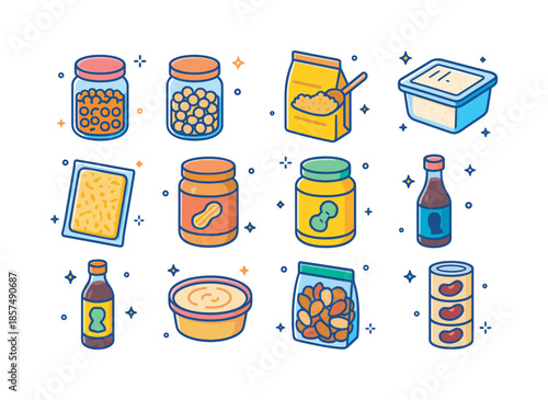 Alternative Protein Icons. Alternative protein pantry staples. Colorful isometric vector icons set of Alternative protein pantry staples: jar of dried lentils,