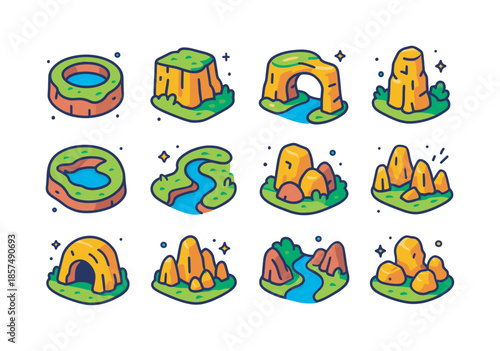 Colorful Karst Icons. Karst landscapes. Colorful isometric vector icons set of karst landscapes: sinkhole, limestone cliff, natural arch, karst tower, doline