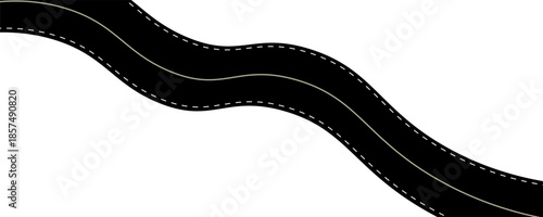 Winding road top view, curved highway path with lane markings, long trip route map, wavy street track design. Flat vector illustration isolated on white background.