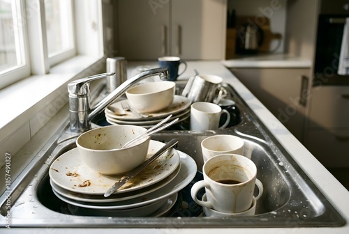 ​Pile of dirty dishes and messy plates in a kitchen sink after a meal
