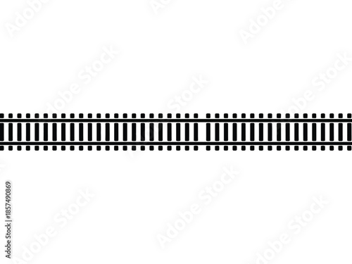A straight railroad track stretches into the distance on a white background.