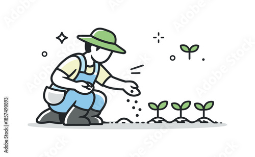Seed Planting Icon. Seed planting farmer icon. Minimal character planting seeds in a neat row, conveying growth, care, and sustainability. Clean icon-style