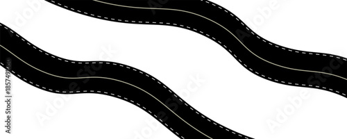 Winding road top view, curved highway path with lane markings, long trip route map, wavy street track design. Flat vector illustration isolated on white background.