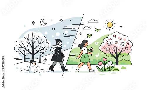 Winter to Spring Transition. Season change contrast graphics (winter to spring). Calm editorial-style transition scene with winter trees and snow shifting into