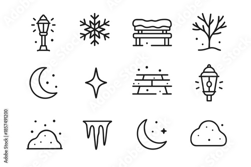 Snowy Night Icon Set. Snowy night lights. Line outline icon set of Snowy night lights: lantern post, warm glow