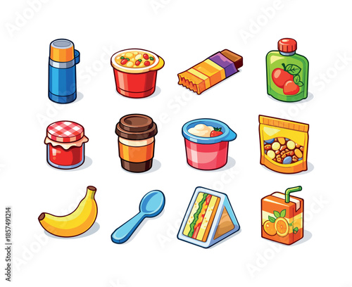 Travel Breakfast Icons. travel breakfast essentials. Colorful isometric vector icons set of travel breakfast essentials: thermos flask, instant oatmeal cup,