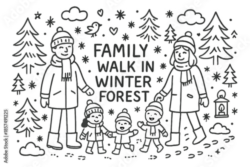 Family Winter Stroll. Family walk in winter forest. Hand-drawn doodle illustration of Family walk in winter