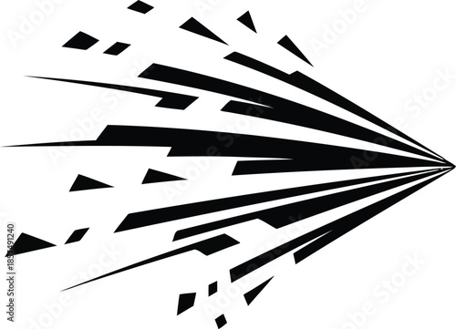 Black abstract geometric shapes exploding outward from a central point