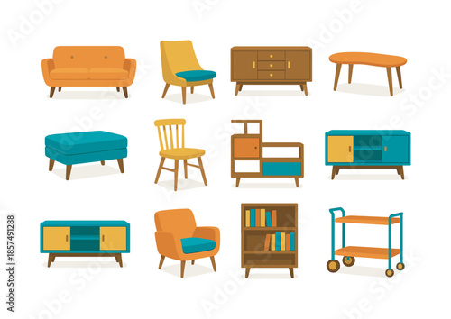 Mid-Century Icon Set. Mid-century furniture. Colorful flat vector icons set of mid-century furniture: tapered-leg sofa, lounge chair, walnut sideboard,