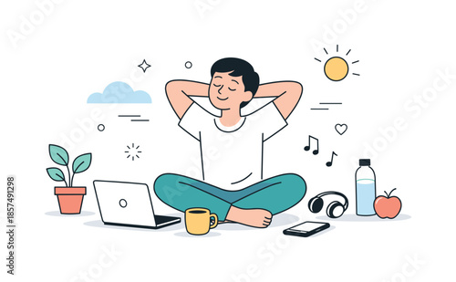 Balanced Work-Life Harmony. Balanced remote lifestyle. A character stretching or relaxing next to a laptop, combining work and personal time. Healthy rhythm,