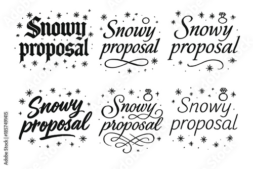 Snowy Proposal Styles. Snowy proposal. Create a calligraphy lettering illustration of the phrase: Snowy