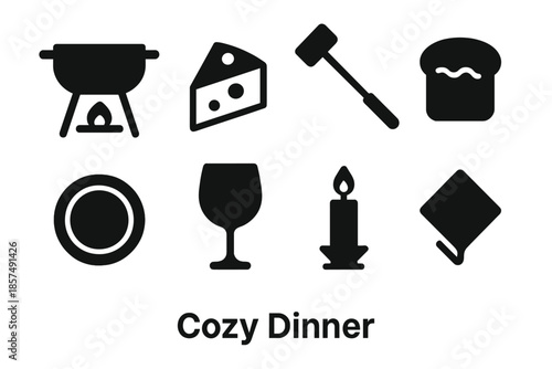 Cozy Dinner Icons. Cozy Dinner. Filled icon set of Cozy Dinner: fondue pot, cheese, fork, bread piece, plate,