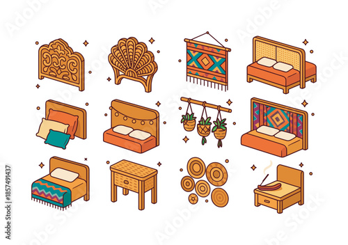 Boho Headboard Icons. Boho style headboards. Colorful isometric vector icons set of Boho style headboards: carved boho wood headboard, rattan peacock