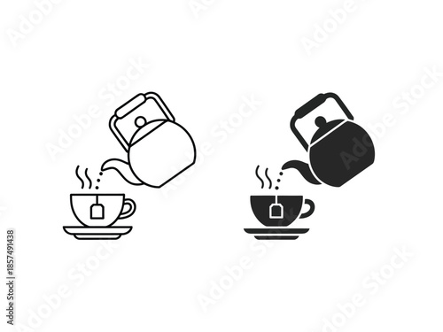 A teapot pours hot liquid into a teacup with a tea bag.