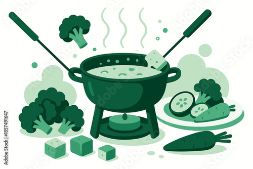 Cheese Fondue Delight. Fondue night spread. The pot bubbles gently as vegetables and bread pieces float nearby