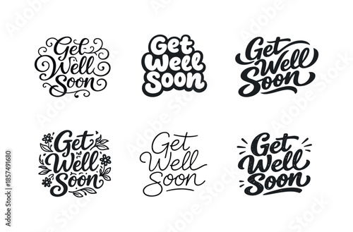 Creative Lettering Grid. Get Well Soon. Set lettering. harmonious lettering variations of the same emblematic concept (Whimsical curly type with flourishes,
