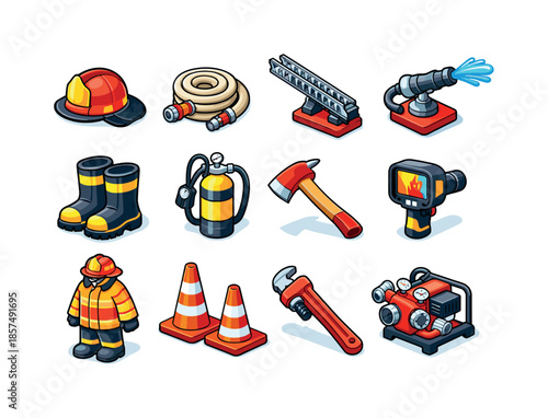 Firefighting Icons Grid. firefighting scene. Colorful isometric vector icons set of firefighting scene: firefighter helmet, fire hose, fire truck ladder, water