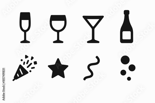 Party Drinks Icons. Celebration drinks. Filled icon set of Celebration drinks: champagne flute, wine glass,
