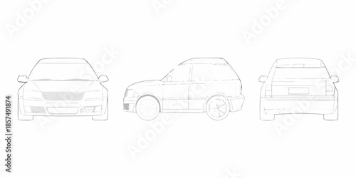 Detailed automotive technical drawing showcasing front side and rear views of a suv