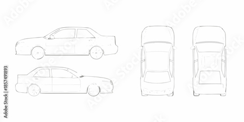 Detailed automotive blueprint showing sedan car views from different angles