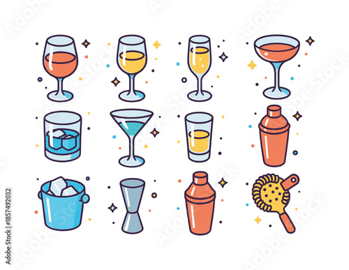 Colorful Barware Icons. Barware and glass collection. Colorful isometric vector icons set of barware and glass collection: red wine glass, white wine glass,