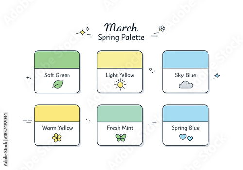 March Spring Palette. March spring palette. A set of pastel greens, soft yellows, and light blues presented as tidy color cards. Early spring freshness, gentle