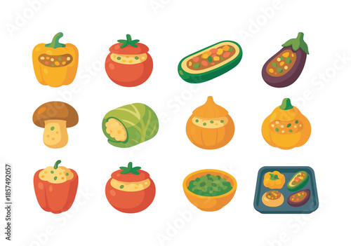 Stuffed Vegetable Icons. Stuffed vegetables. Colorful flat vector icons set of stuffed vegetables: stuffed bell pepper, stuffed tomato, stuffed zucchini boat,