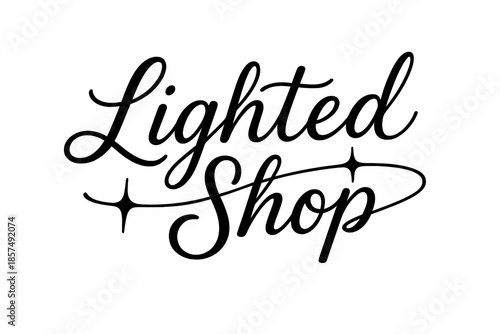 Twinkling Script Design. Lighted Shop ? Script Hand-Lettering: flowing semi-cursive brush script with lively