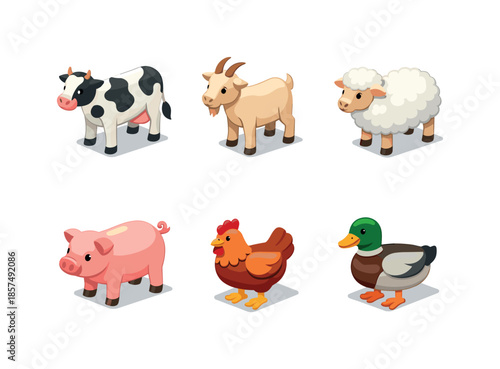 Farm Animal Icons. Animal husbandry. Isometric flat vector icons set of animal husbandry: cow, goat, sheep, pig, chicken, duck. Arrange all isometric objects