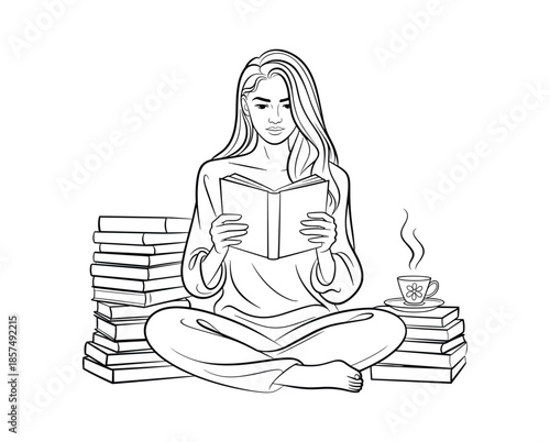 Woman sitting cross legged reading book with stacks of books and coffee cup.