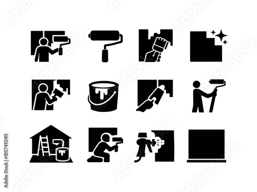 Wall Painting Icons. Wall Painting. Solid icon set of Wall Painting: painting wall, paint roller, paint brush wall, fresh paint wall, repainting wall, wall