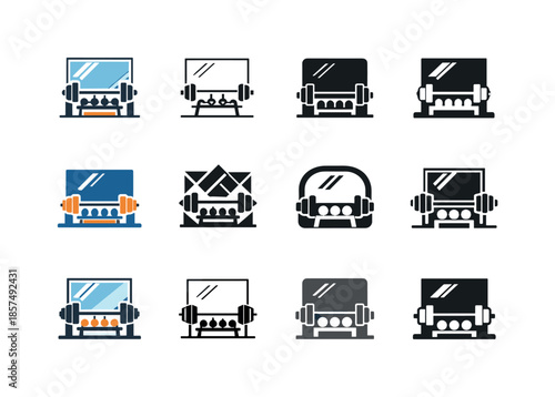 Gym Logo Variations. fitness spaces and gym setups. Icon set. Set Logo of fitness spaces and gym setups: mirrors and free-weight area. harmonious