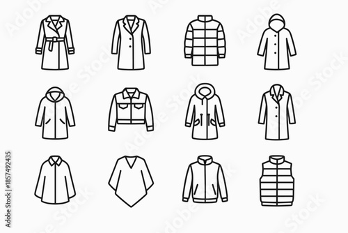 Outerwear Icons Grid. Outerwear collection. Line outline icon set of Outerwear collection: trench coat, wool