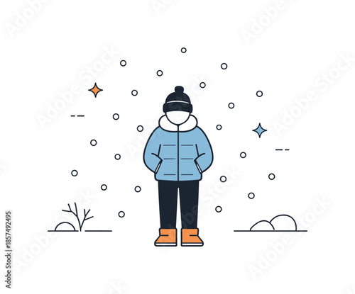 Winter Pause Illustration. Symbolic winter pause. A person standing still under falling snow, hands in pockets, surrounded by open space. The illustration