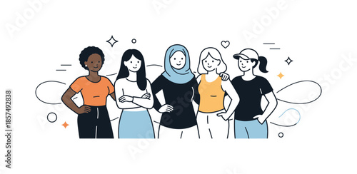 Diverse Sisterhood Unity. Sisterhood and unity. Diverse women linked by gentle lines or abstract shapes, standing confidently side by side. The mood emphasizes