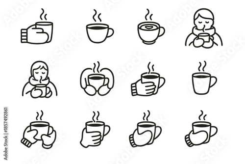 Cozy Coffee Icons. Cozy coffee icons. Line outline icon set of cozy coffee icons: hand in mitten holding cup,