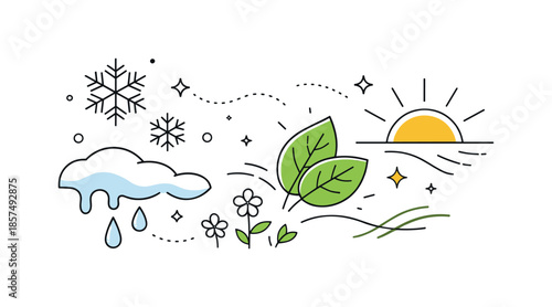 Seasonal Transition Art. Winter to spring transition. Abstract scene combining snowflakes, melting drops, green leaves, and sun rays in balance. Conceptual