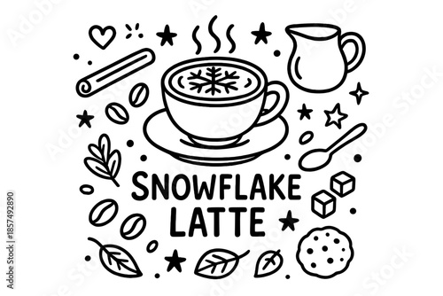 Snowflake Latte Doodle. Snowflake Latte. Hand-drawn doodle illustration of Snowflake Latte. Coffee cup, saucer