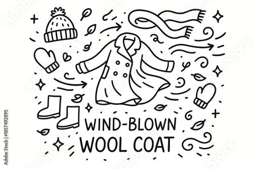 Windy Wool Ensemble. Wind-Blown Wool Coat. Hand-drawn doodle illustration of Wind-Blown Wool Coat. wool coat,